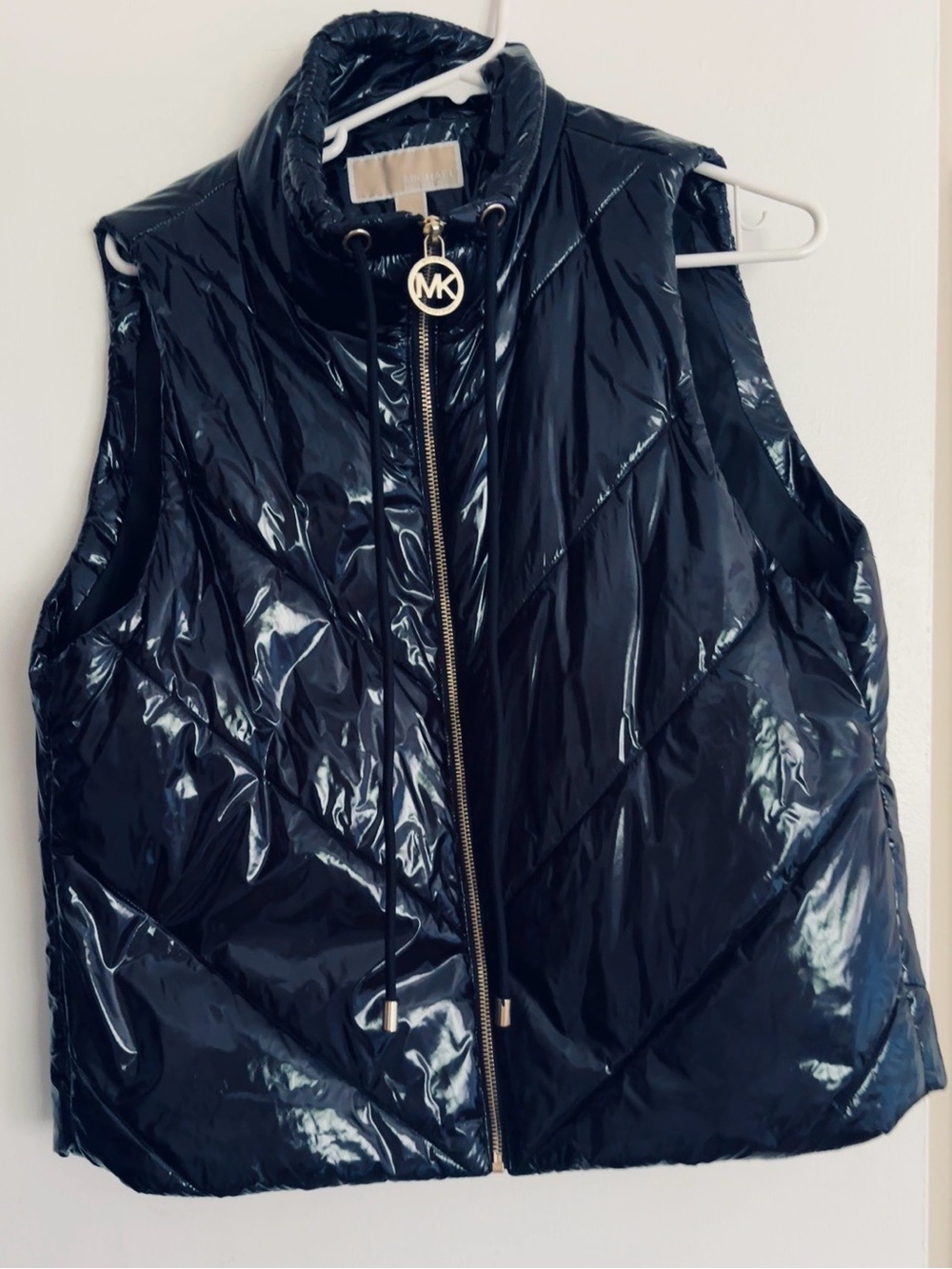 Michael Kors Glossy Black Quilted Puffer Vest with Gold MK Hardware